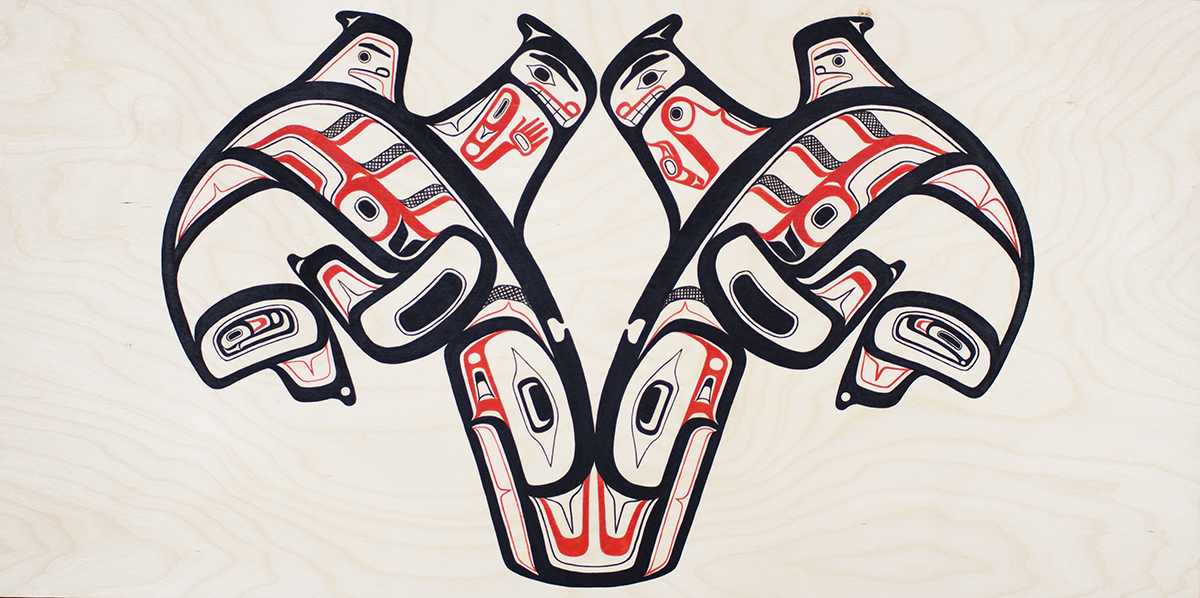 acrylics on birch panel - form line painting of two-finned killer whales